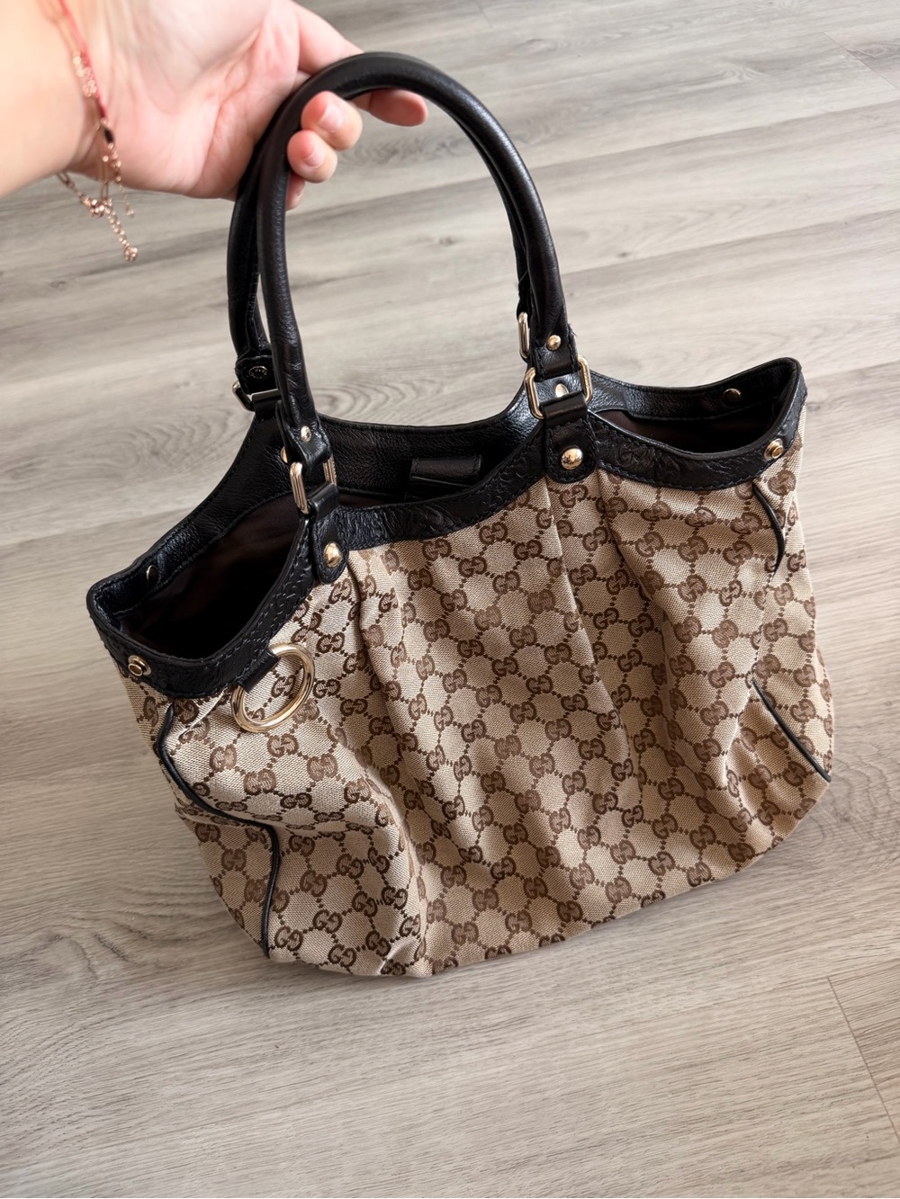 Authentic Gucci GG Monogram Canvas & Black Leather Tote Bag